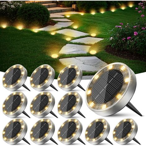 Lumiere Solaire Au Sol Lot de 12, Lampe Solaire Exterieur Jardin 8 LED, Étanche Spot Solaire Extérieur pour Chemins Allée Pelouse Terrasse Cour Piscine[Blanc Chaud] (1/5)