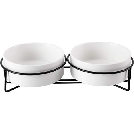 (28.5×14.5×7cm)Blanc+Blanc Gamelle Chat Surélevée, Gamelle Eau Chat en Céramique avec Support Métal, Double Gamelle Anti Renversement, 2x400ml (1/4)