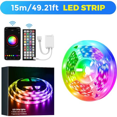 (15m) Bande lumineuse LED RGB à changement de couleur, avec télécommande à 44 touches et contrôle par application, synchronisation musicale. (1/5)
