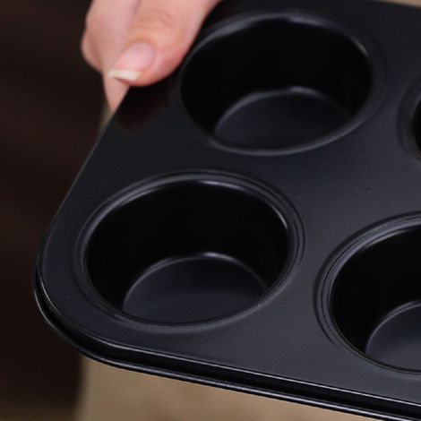 Plaque à Muffins en Acier Carbone Antiadhésive Noire Démoulage Facile Plateau à Cupcakes pour Cuisine Maison 6 Alvéoles
