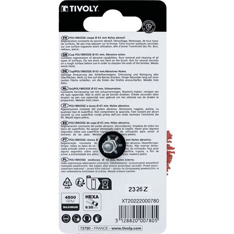Tivoly • Spazzola a tazza • Filo di Nylon • Ø65mm • Grana: 80 • Per pulire il legno