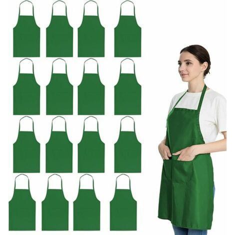 Lot de 16 tabliers à bavette vert uni en vrac pour femmes hommes adultes avec 2 poches - Chef Cuisine Cuisine Peinture Cuisson Restaurant Serveurs (16 pcs, Vert)) (1/5)