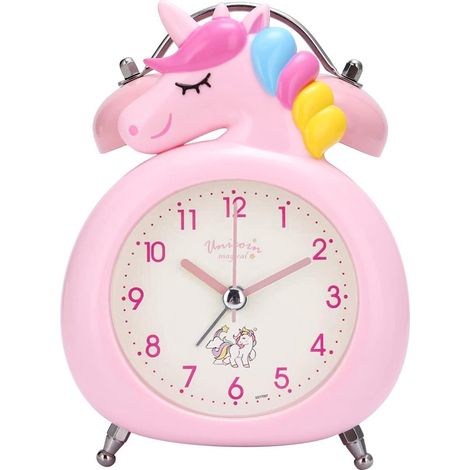 Réveil analogique licorne rose pour enfants, silencieux, double sonnerie matinale, horloge de table lumineuse nocturne, sans tic-tac (Rose) (1/5)