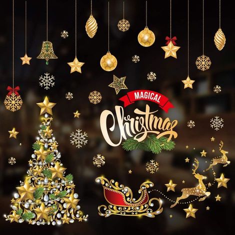 Stickers Fenêtre Noël, Verre Hiver Autocollants Decoration Snowflake Neige Santa Mignonne Renne DIY Amovibles Statique pour Noël Accueil Boutique Décorations DéCalcomanie (Arbre de noël doré) (1/4)