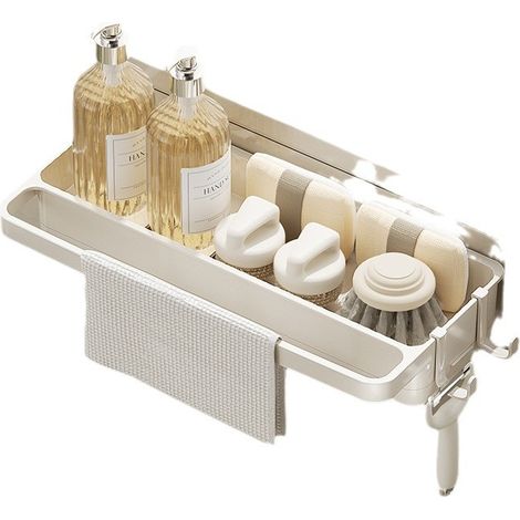 Support Porte Eponge Rangement Evier Cuisine Organisateur Sous Évier Avec Ventouse et 2 Crochets Egoutoire Vaisselle de Cuisine Blanc Organisation de Cuisine Porte Couverts Plastique (1/5)