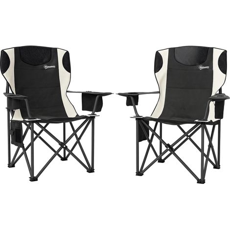 Ensemble de 2 chaises pliantes de camping avec accoudoirs, porte-gobelet, appui-tête et sac isotherme, noires.