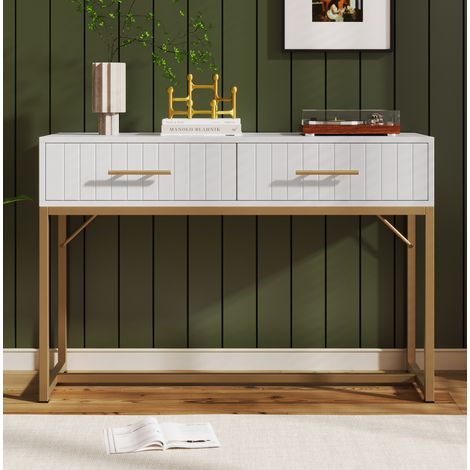 Coiffeuse 100x45x75 cm en panneaux de bois et métal blanc, avec rangement pour chambre FloraGrace (1/5)