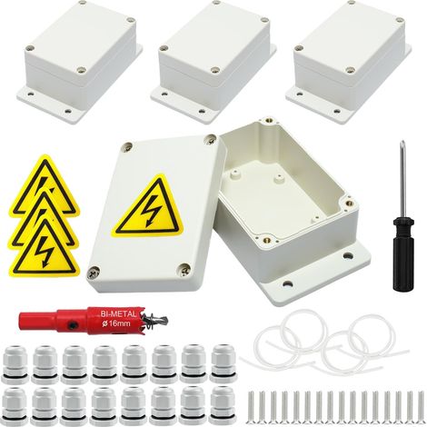4 boîtes de jonction, IP67 Boîte de dérivation blanche étanche, Boîte de distribution apparente, boîtier électronique avec 16 presse-étoupes, plaques de sécurité, scie cloche 16 mm, tournevis (1/5)