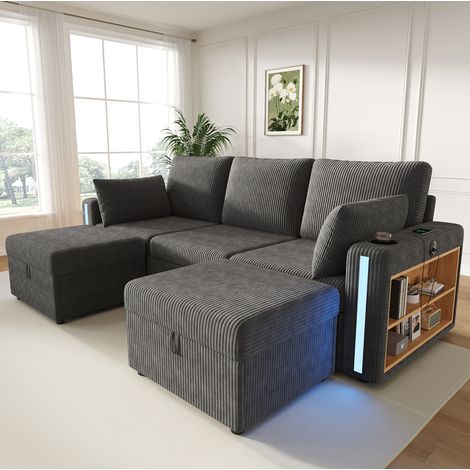 Sofá modular U/L gris 190 x 130 x 85 cm con 2 pufs de almacenaje, LED, USB/Type-C OKMYHOME (1/5)