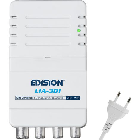 Amplificateur Antenne TV TNT intérieur d'appartement UHF/VHF, 5-20db Réglable, 98dBmV, pour Numérique Terrestre DVB-T/T2, avec Filtre 5G LTE, 1 entrée, 3 Sorties, Connecteurs IEC (1/5)