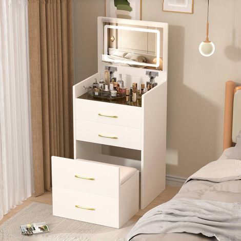 Coiffeuse 60 x 40 x 118 cm blanche – miroir relevable, plateau verre, 3 tiroirs (1/5)