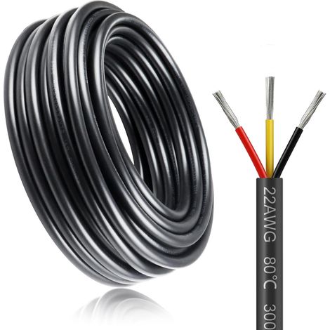 Câble électrique à 3 fils - 22 AWG - 3 x 0,3 mm² - 20 m - 5 V/12 V/24 V - Câble de terre en cuivre étamé - 300 V - Flexible et souple - Résistance aux températures élevées - 20 m (1/5)