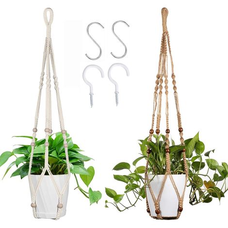 Macramé Pot Suspendu - Coton 89 cm - Pour Plantes Intérieures et Jardin - Lot de 2 avec Crochets S et Crochets à Vis (1/5)