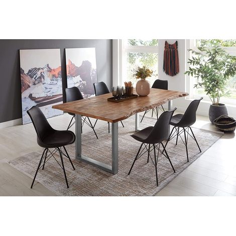 Essgruppe 140 cm Mango naturfarben U-Gestell silber mit 6 Stühlen NORINA (1/5)