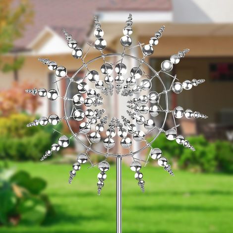 Moulin à Vent en Métal, Sculptures Éoliennes Unique, Moulin à Vent pour Jardin avec Piquet en Métal, Spinner de Vent de Décor Extérieur pour Fermes, Cour, Pelouse (Argent) (1/5)