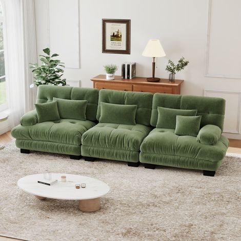 Canapé 3 Places Nuage 313x77x81 cm en Tissu Chenille Clair – Sofa Double pour Salon, avec Structure en Bois Massif, 2 Coussins Lombaires et 2 Coussins Décoratifs, Vert (1/5)