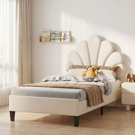 Kinderbett Polsterbett 90x200 cm, mit Höhenverstellbarem Blütenkopfteil, Modernen Einzelbett, Bettgestell mit Lattenrost, Schlichten Design, Samt Beige (Ohne Matratze)
