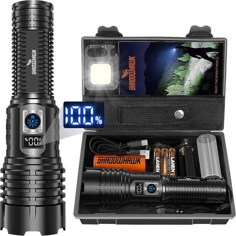 Lampe Torche LED Ultra Puissante, 500000 Lumens Lampe de Poche, XHM77.2 Lampe Torche Rechargeable USB, IP67 Étanche Lampe Tactique Torches, 5 Modes Flashlight pour Camping Randonnée Urgence (1/4)