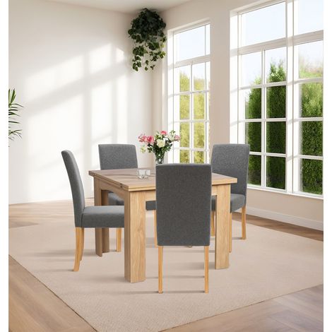 Hallowood Furniture Newquay Oak Flip Top Dining Table and Chairs Set 4, Folding or Extending Kitchen Table and Chairs in Straight Back and Upholstered Grey Fabric for Home and Café (1/5)