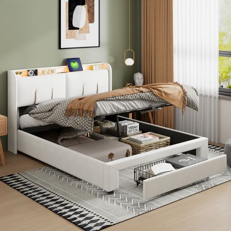 letto matrimoniale 160x200,letto matrimoniale contenitore,Letti contenitori 160x200,LED,striscia luminosa sul comodino, porta di ricarica USB, velluto, bianco (1/4)