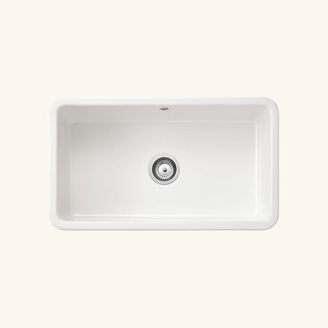 Évier timbre d'office céramique blanc 795x460 – 1 bac à poser – Vidage manuel – Bonde incluse – Pour meuble sous évier 80 cm – Sanindusa (1/6)