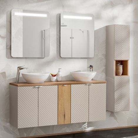 Doppelwaschtisch und Hängesäule 140cm Manoa, Kaschmir - Holzoptik