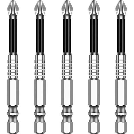 Punta da trapano antiscivolo ad alta durezza K5 - S2 Magnetica potente 5A Nero - Testa Phillips antiscivolo - Punte per cacciavite elettrico - Argento, confezione da 5 (70 L)