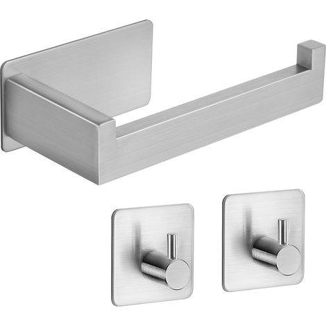 Porte-papier toilette, porte-papier toilette sans perçage, porte-papier toilette en acier inoxydable, porte-papier toilette auto-adhésif avec 2 crochets porte-serviettes pour salle de bain et cuisine. (1/2)