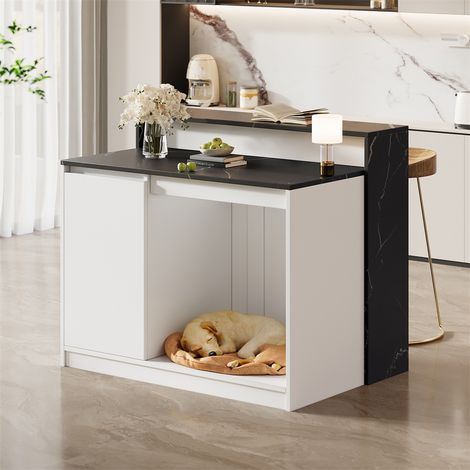 Îlot de Cuisine avec Bartresen - 120x80x100cm - Table de Bar avec Niche pour Animaux - Design Marbre Noir et Blanc Moderne (1/5)
