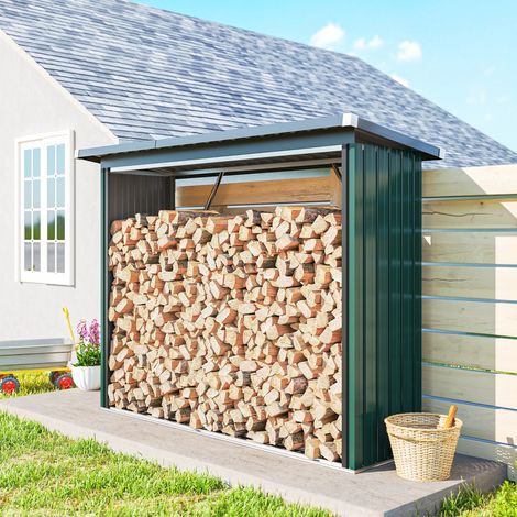 Hangar à bois 213x66,5x150 cm vert de chauffage en acier galvanisé avec base surélevée et toit en pente de