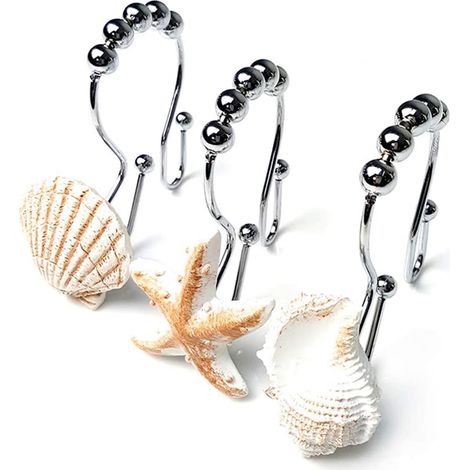 Lot de 12 crochets décoratifs pour rideau de douche, en résine, en forme d'étoile de mer et de coquillage, pour salle de bain et douche. (1/3)