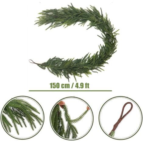 QORVA-Plantes vertes artificielles de simulation Noël Norkford aiguille de pin colle douce rotin couronne de Noël avec des vignes sinueuses(150cm) (1/3)
