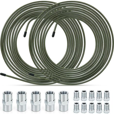 Kit 2 Tuyaux de Frein 5M Ø 4,75 mm, Compatible Voiture et Moto avec Gaine Plastique, 10 écrous de Raccord M10x1 + 5 Raccords de Jonction, pour évasement Bördel F (1/5)