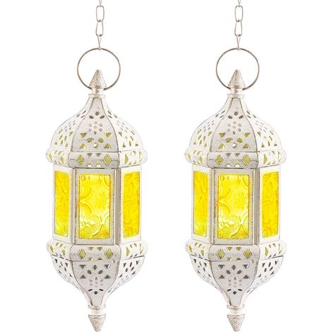 Lanterne Bougie Suspendue Marocaine: 2 Pièces Lanternes Blanches pour Bougies Porte-Bougies Chauffe-Plat Lampe Décorative Photophores avec Chaîne pour Décorations Noël Jardin Patio Maison (1/5)