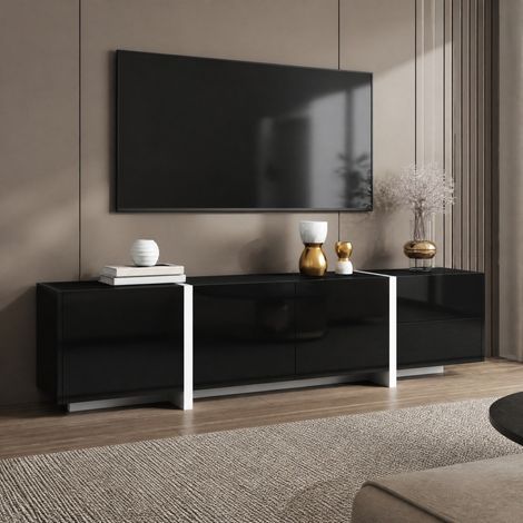 Mueble TV bajo 170 x 30 x 39 cm negro y blanco con LED, 3 puertas, 1 cajón y abatible HAVRYA (1/5)