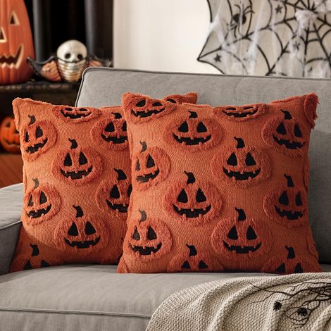 2 Pièces Halloween Housse de Coussin 45x45 cm Citrouille Housse Coussin Pumpkin Decoration Automne Halloween Decoration Ctrouille Taies d'oreiller Salon Maison Extérieur Fête Décoration Marron (1/5)
