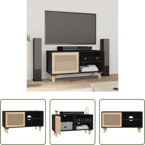 Rangement - Meuble TV Noir 80x30x40 cm Bois de pin massif et rotin naturel (1/5)
