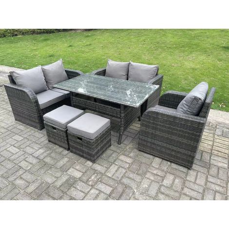 Fimous Dark Grey PE Wicker Rattan Garden Furniture Set Reclining Chair Love Sofa 2 Seater Sofa Set Outdoor Rectangular Dining Table 2 Stools 5 Seater (1/5)