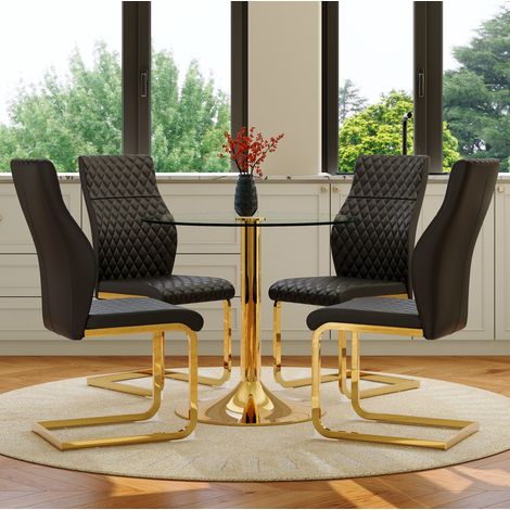 Conjunto de mesa de comedor redonda de vidrio templado 85 cm con 4 sillas negras y doradas HAVRYA (1/5)