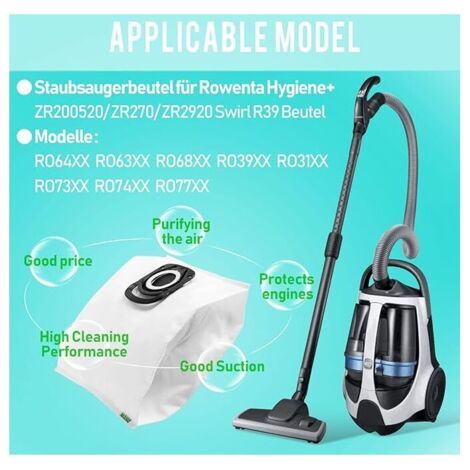 10 sacs pour aspirateur, compatibles avec les modèles Rowenta Silence Force Compact Power X-Trem RO64xx, RO63xx, RO68xx et RO39xx. (1/3)