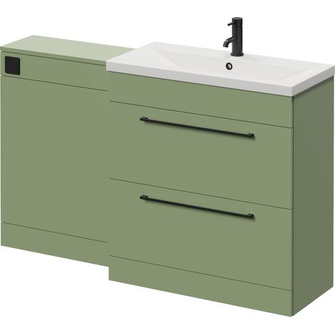 Napoli 390 Cento Olive Green 1400mm 2 Drawer Vanity Unit Toilet Suite with Glide Basin - 1400mm - Matt Black 480mm HandleWithout Kingston Toilet Pan