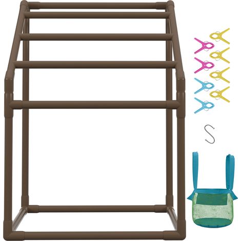Mophorn Pool Towel Rack, 5 Bar, Brown. Freestanding outdoor PVC trapezoidal organizer. Comes with 8 towel clips, mesh bag, hook. Stores floats and paddles.