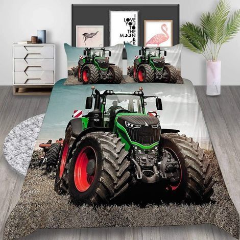 Ensemble de housse de couette imprimé 3D Green Tractor Ensemble de housse de couette 3 pièces avec taies d'oreiller Ensemble de literie léger et doux en microfibre avec fermeture à glissière (1/3)