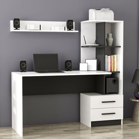 Schreibtisch Thiesi, 7 Ablagen, 2 Schubladen, 4 Fächer, 120x60x74h cm Weiß (1/5)