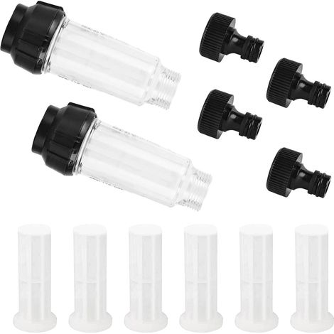 Lot de 2 filtres à eau - Préfiltre à eau de 3/4" avec 6 inserts de filtre + 4 adaptateurs rapides, filtre à eau, tuyau d'arrosage pour nettoyeur haute pression, arrosage du jardin, camping-car (1/5)