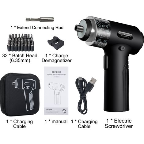 Kit de tournevis électrique 32 en 1 sans fil, 7 vitesses réglables, avec éclairage LED, inverseur de marche avant et arrière, écran tactile numérique, noir