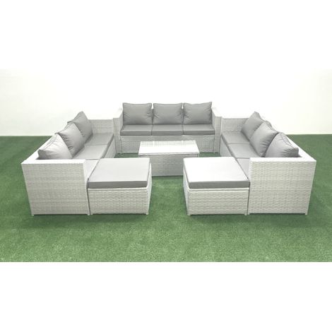 Fimous Rattan Garden Outdoor Furniture Set 11 Seater Garden Sofa Coffee Table Set with 2 Big Footstools Light Grey Mixed (1/5)