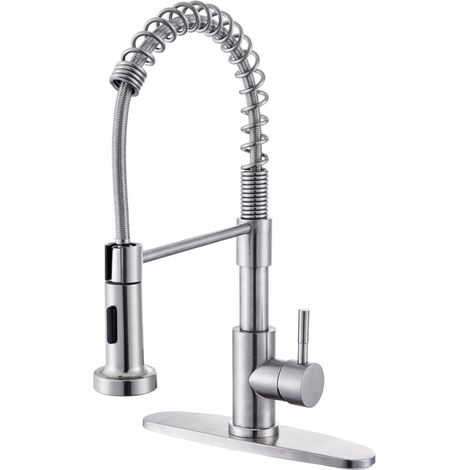 Robinet de cuisine mitigeur avec douchette extractible, acier inoxydable nickel brossé, 360° pivotant, jet et pulvérisation, pour évier 1 ou 3 trous (1/4)