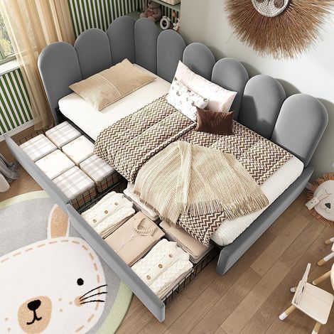 Lit d'enfant 90x190cm, avec tiroirs, avec espace de rangement, velours, avec sommier à lattes, gris (1/5)