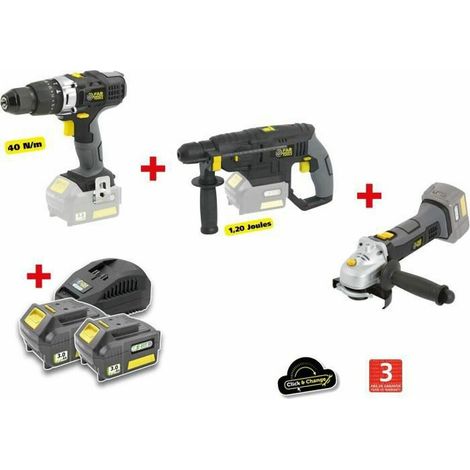 X-FIT PACK GROS oeUVRE 3 machines 18V + 2 batteries 18V 3.0Ah : Perceuse percu/visseuse + Marteau Perfo + Meuleuse dangle